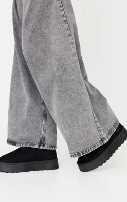 Black Faux Suede Round Toe Stitched Borg Lined Ankle Boots