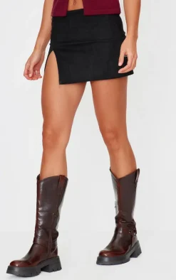 Black Faux Suede Split Hem A Line Mini Skirt