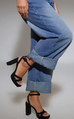 Black Faux Suede Square Toe Lace Up Flat Chunky Heeled Platforms