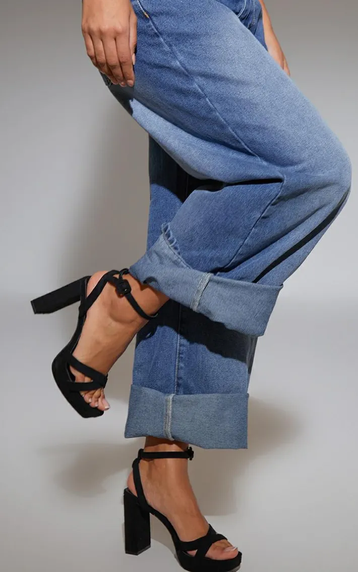 Black Faux Suede Square Toe Lace Up Flat Chunky Heeled Platforms