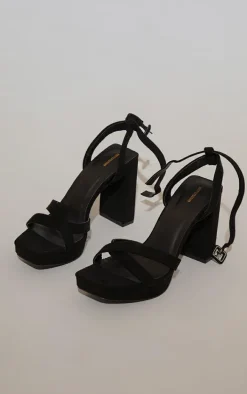 Black Faux Suede Square Toe Lace Up Flat Chunky Heeled Platforms