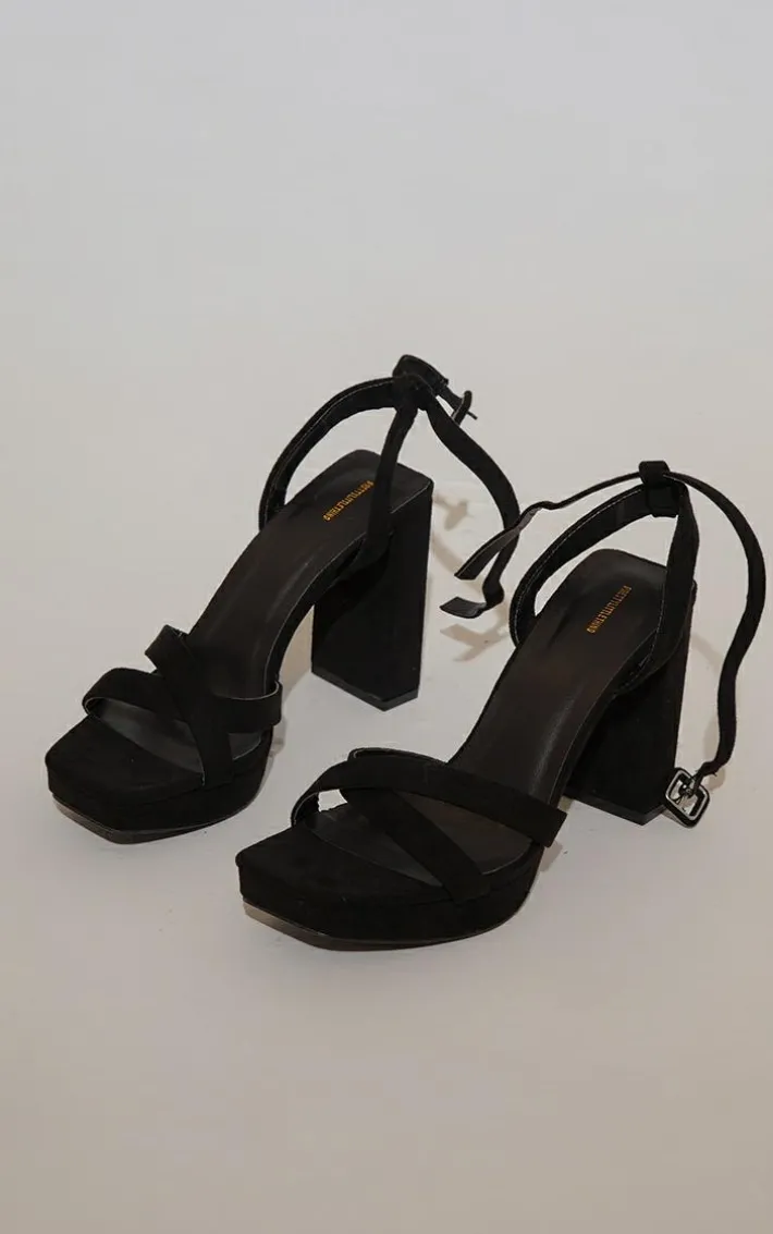 Black Faux Suede Square Toe Lace Up Flat Chunky Heeled Platforms