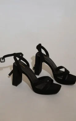 Black Faux Suede Square Toe Lace Up Flat Chunky Heeled Platforms