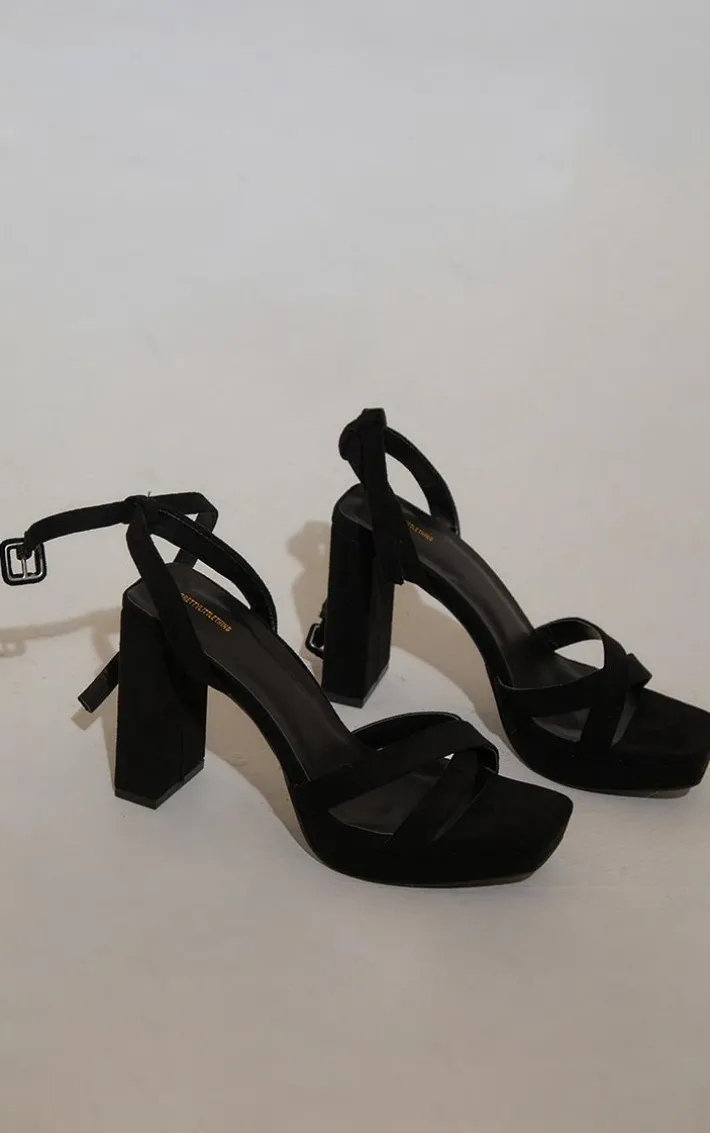 Black Faux Suede Square Toe Lace Up Flat Chunky Heeled Platforms