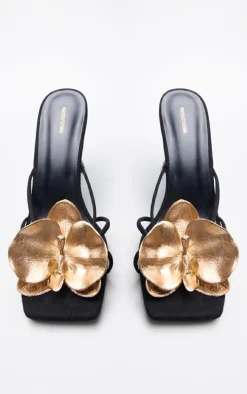 Black Faux Suede Square Toe Gold Flower Detailed Heeled Mules