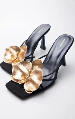 Black Faux Suede Square Toe Gold Flower Detailed Heeled Mules