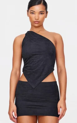 Black Faux Suede Twist Detail One Shoulder Top