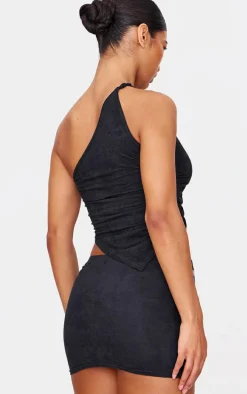 Black Faux Suede Twist Detail One Shoulder Top