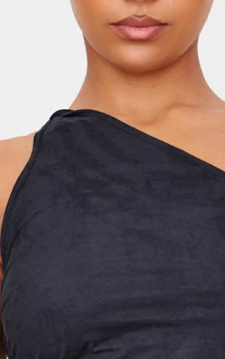 Black Faux Suede Twist Detail One Shoulder Top
