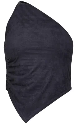 Black Faux Suede Twist Detail One Shoulder Top