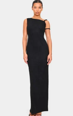 Black Faux Suede Twist Shoulder Maxi Dress