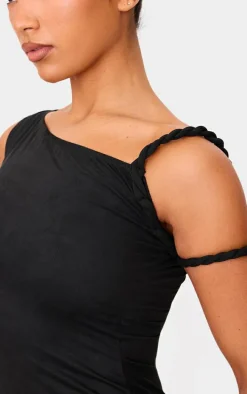 Black Faux Suede Twist Shoulder Maxi Dress