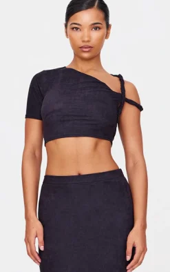Black Faux Suede Twist Strap Detail Crop Top
