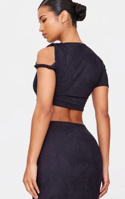 Black Faux Suede Twist Strap Detail Crop Top