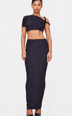 Black Faux Suede Twist Strap Detail Crop Top