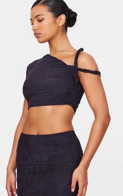 Black Faux Suede Twist Strap Detail Crop Top