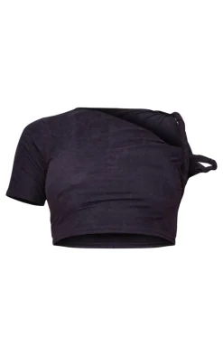 Black Faux Suede Twist Strap Detail Crop Top