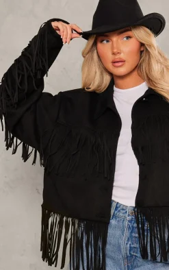 Black Faux Suede Western Fringe Detail Jacket