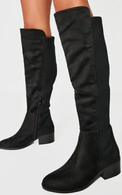 Black Faux Suede Wide Fit Round Toe Block Heel Knee High Boots