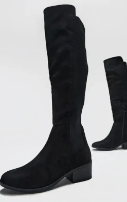 Black Faux Suede Wide Fit Round Toe Block Heel Knee High Boots