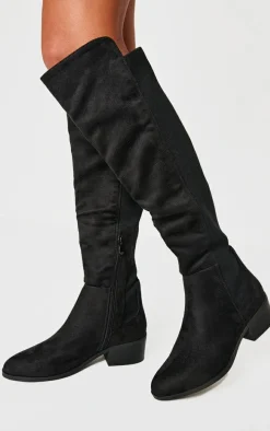Black Faux Suede Wide Fit Round Toe Block Heel Knee High Boots