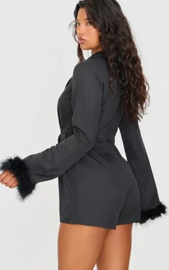 Black Feather Cuff Blazer Romper