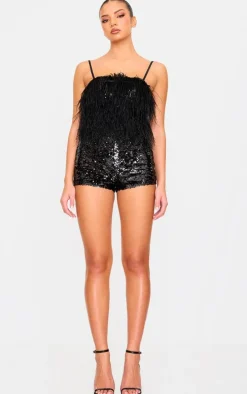 Black Feather Detail Strappy Sequin Romper