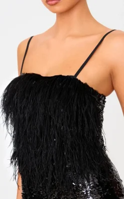 Black Feather Detail Strappy Sequin Romper