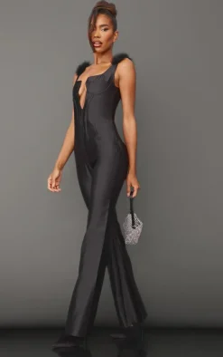 Black Feather Shoulder V Bar Underwired Satin Jumpsuit