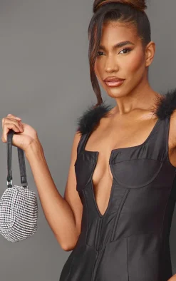 Black Feather Shoulder V Bar Underwired Satin Jumpsuit