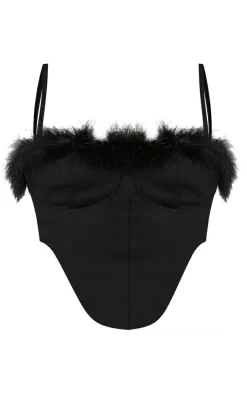 Black Feather Trim Cup Detail Denim Top