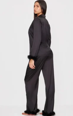 Black Feather Trim Satin Long Pajama Set
