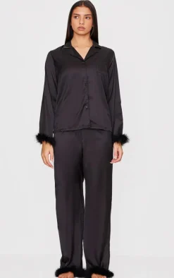 Black Feather Trim Satin Long Pajama Set