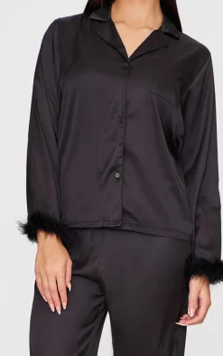 Black Feather Trim Satin Long Pajama Set