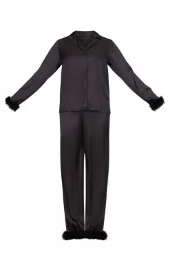 Black Feather Trim Satin Long Pajama Set