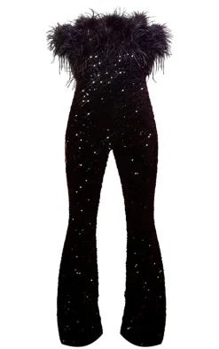 Black Feather Trim Sequin Bardot Jumpsuit