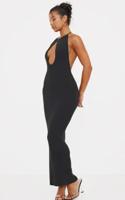 Black Fine Knit Halterneck Maxi Dress
