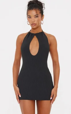 Black Fine Knit Halterneck Mini Dress