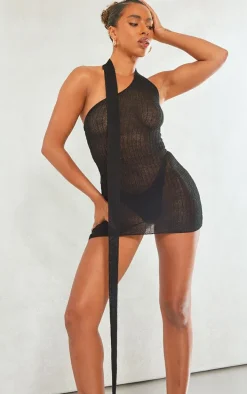 Black Fine Knit Scarf Detail Mini Dress