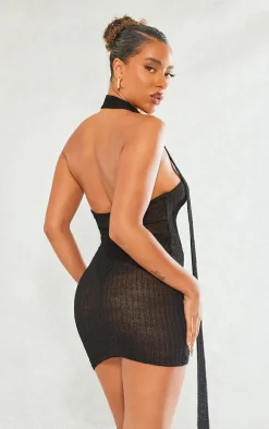 Black Fine Knit Scarf Detail Mini Dress