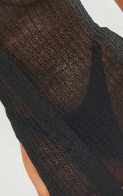 Black Fine Knit Scarf Detail Mini Dress