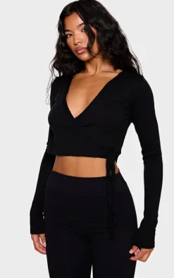 Black Fine Knit Wrap Waist Cardigan
