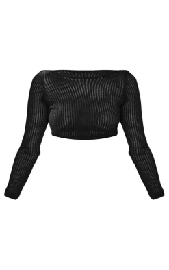 Black Fine Ladder Knitted Long Sleeve Crop Top