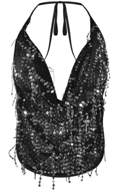 Black Fishnet Tassel Sequin Halter Backless Top