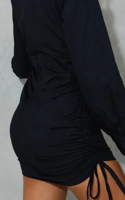 Black Fitted Ruched Side Shirt Dress