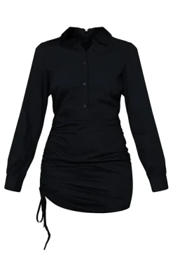 Black Fitted Ruched Side Shirt Dress