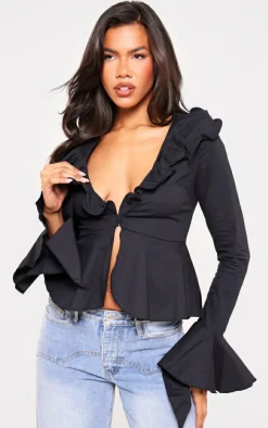 Black Flare Sleeve Ruffle Bust Shirt