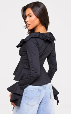 Black Flare Sleeve Ruffle Bust Shirt
