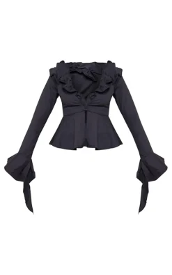 Black Flare Sleeve Ruffle Bust Shirt