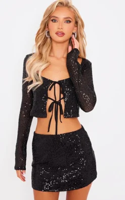 Black Flat Sequin Tie Front Long Sleeve Cardigan Top